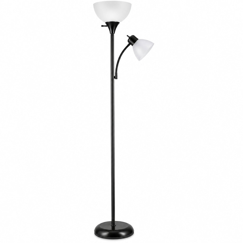 Black floor lamp with a reading light on a white background