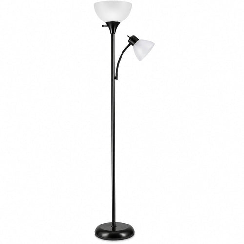Black floor lamp with a reading light on a white background