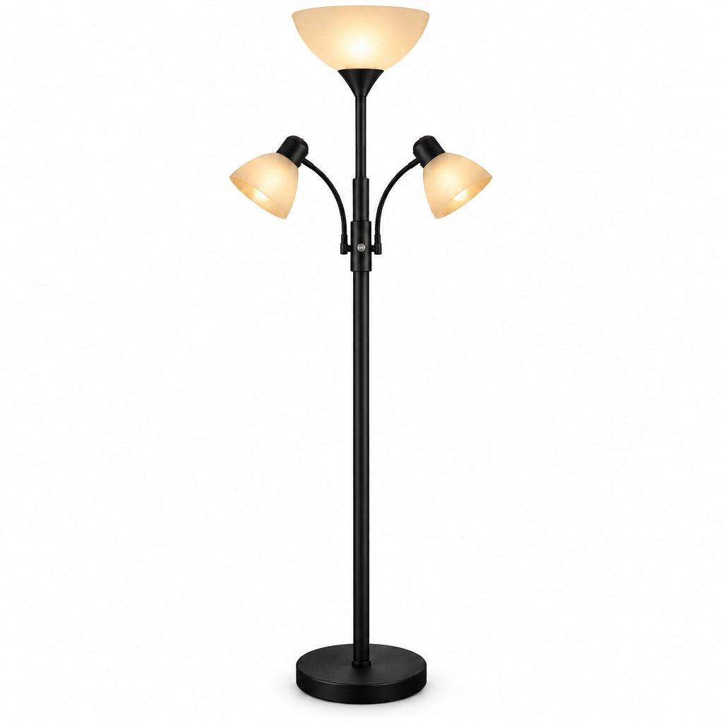 Black floor lamp with multiple light heads on a white background