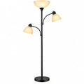 Modern floor lamp with two reading lights in a living room setting.