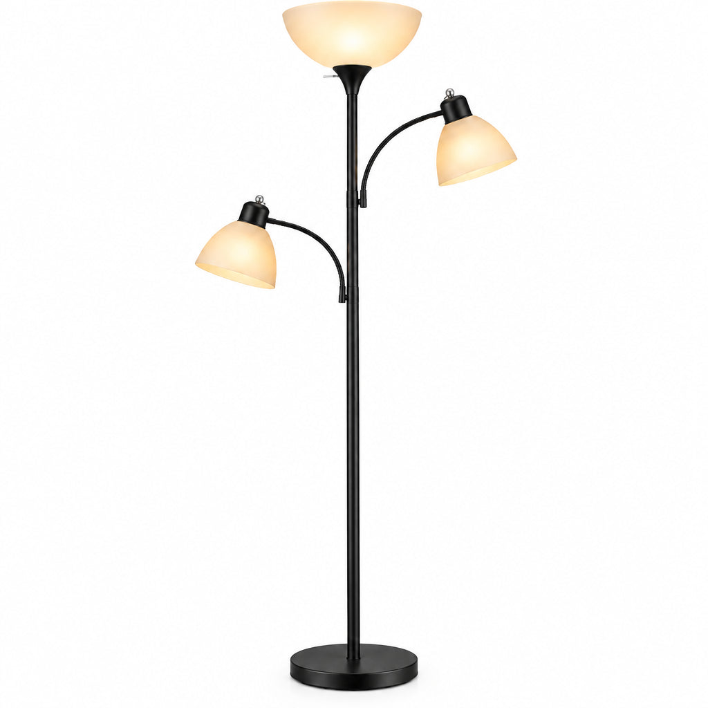 Modern floor lamp with two reading lights in a living room setting.